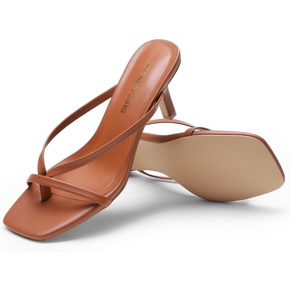 Dream Pairs Women Brown Faux Leather Open Square Toe Thong Kitten Heeled Sandals - Picture 4 of 7